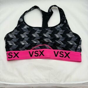 Victoria’s Secret VSX Sports Bra Sz L Black Gray Geometric Pink Logo Band